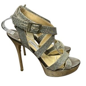 Jimmy Choo Heels Vamp Gold Glitter Platform Strappy Sandals 38.5 Kate Middleton